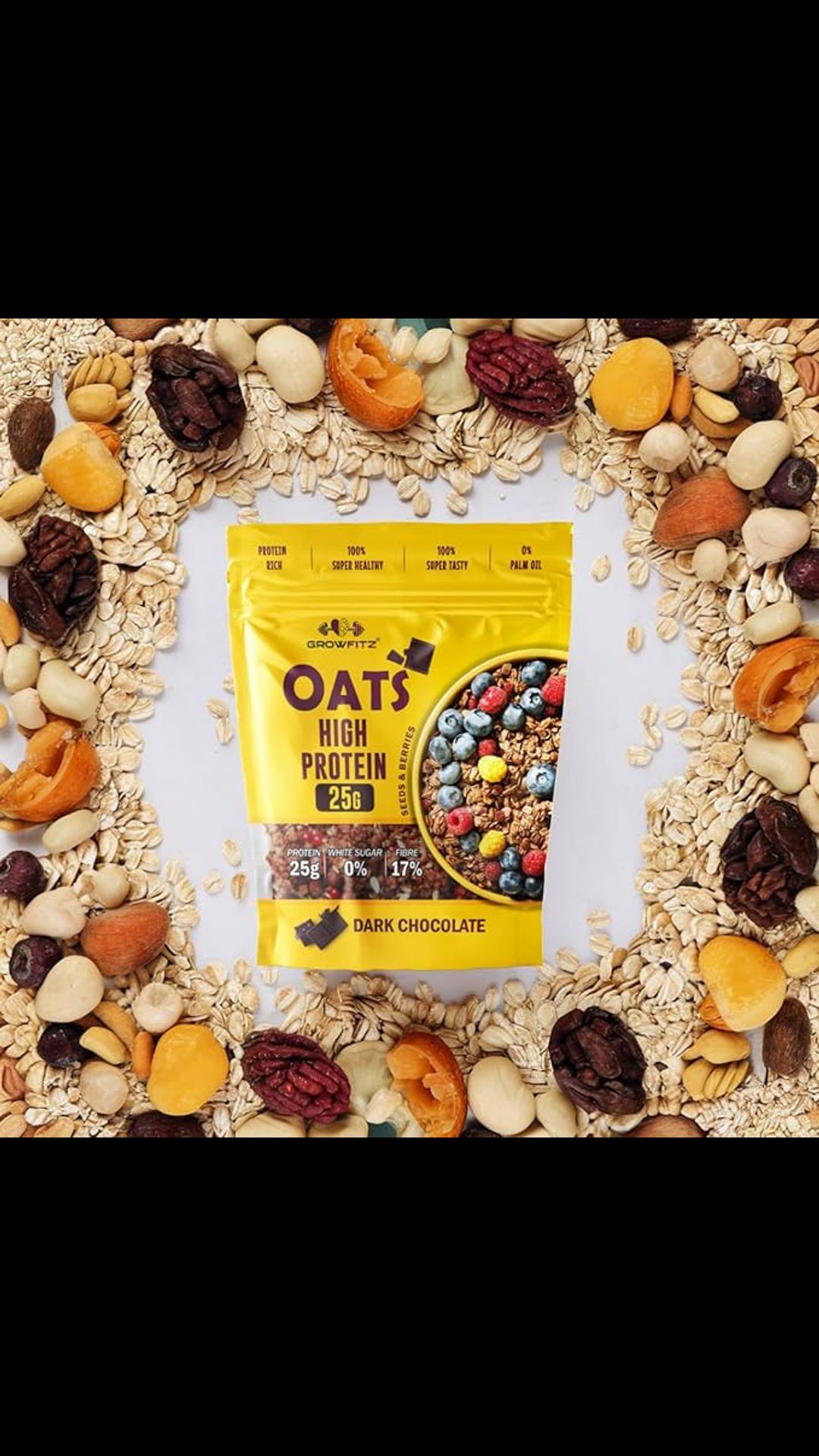 GROWFITZ 25g High Protein Oats, Dark Chocolate, No Refined Sugar, 17g Fibre, Almonds, Raisin, Pumpkin and Chia Seeds | Super Rolled Oats, Breakfast Cereals | Gluten Free (800g) (Pack of 1, Chocolate)