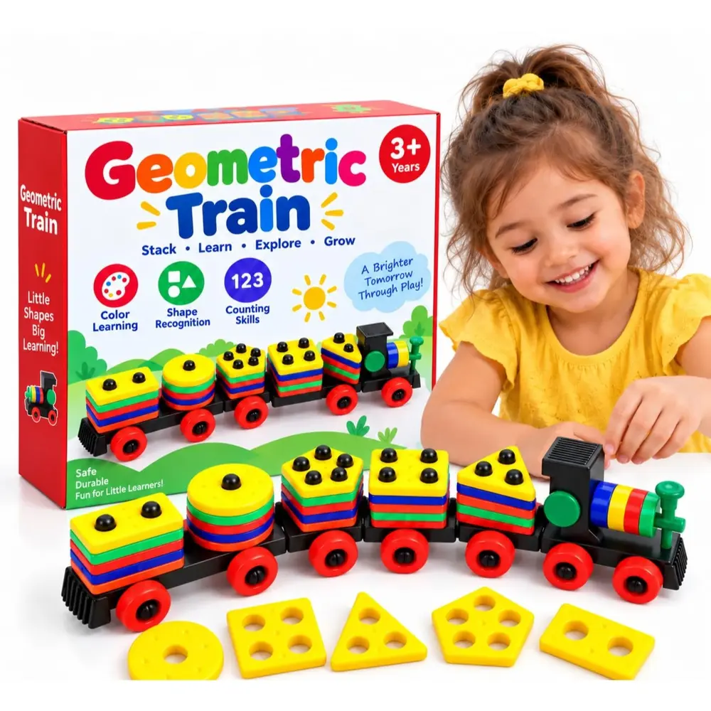 QV Geometric Train Toy for Kids 3+ Years | Shape Sorting & Stacking Learning Train Set | Color Recognition, Counting