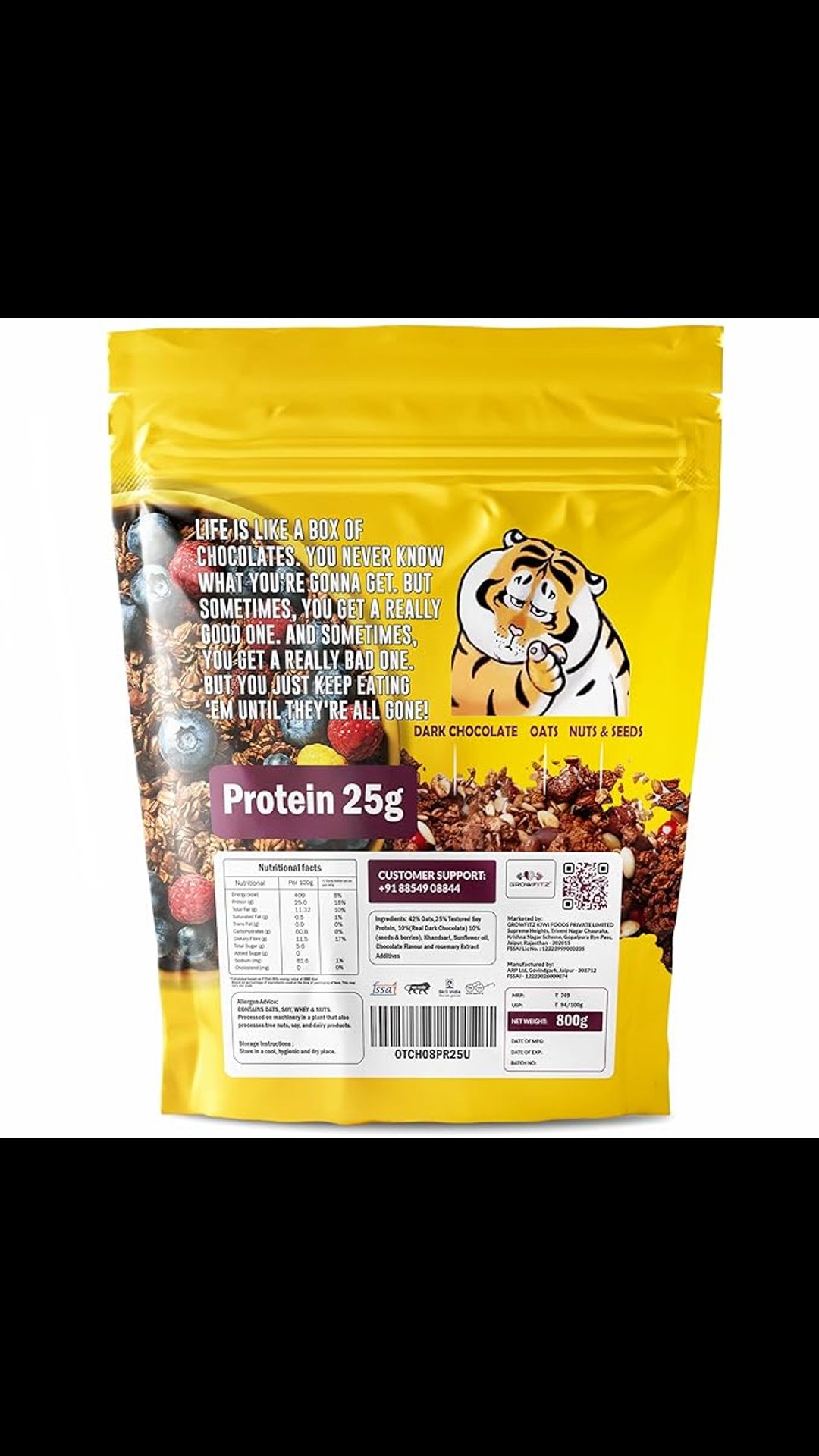 GROWFITZ 25g High Protein Oats, Dark Chocolate, No Refined Sugar, 17g Fibre, Almonds, Raisin, Pumpkin and Chia Seeds | Super Rolled Oats, Breakfast Cereals | Gluten Free (800g) (Pack of 1, Chocolate) 3