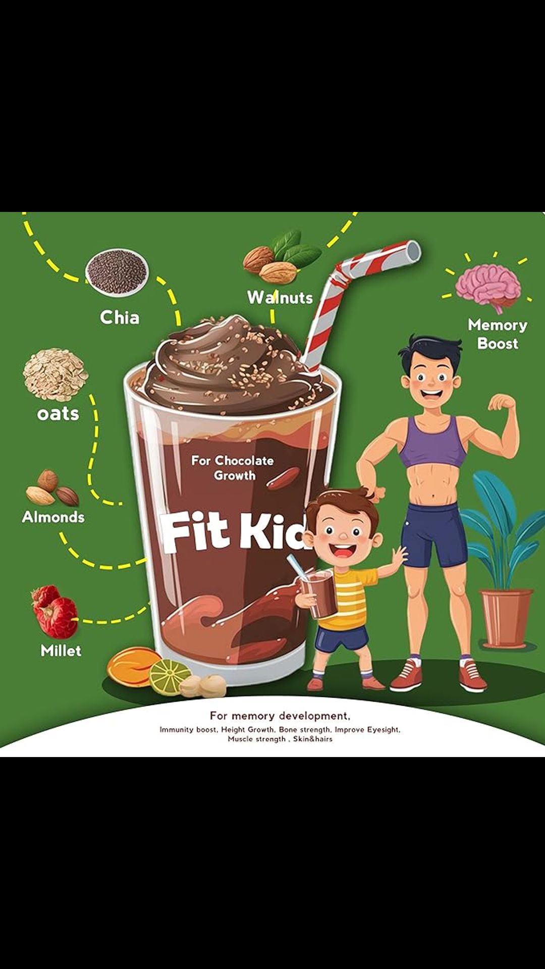 Growfitz FitKid | Natural Healthy Everyday Meal for Kids 2-18 | Supports Bone Strength, Immunity, Brain Development | No Sugar, Only Jaggery | 6.3g Protein | Almonds, Walnut, Ragi, Bajra (Chocolate) (Pack of 1, Chocolate)