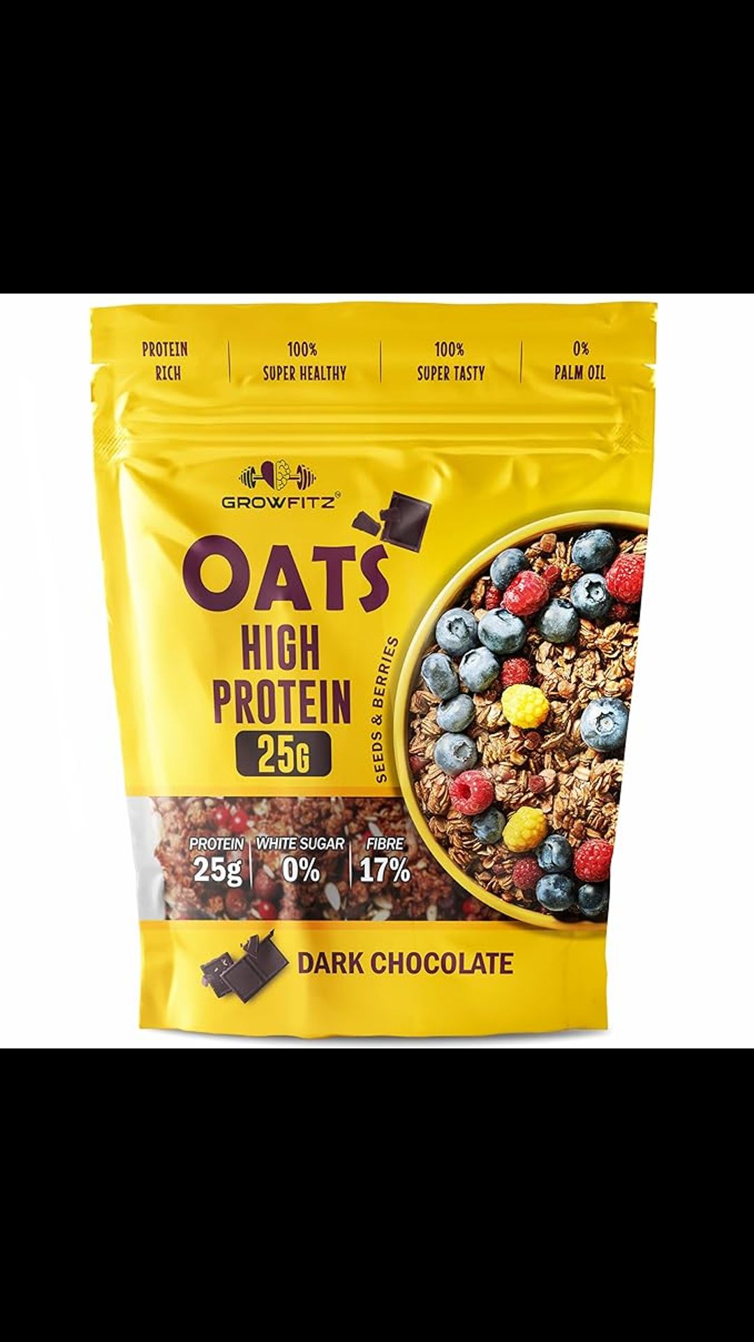 GROWFITZ 25g High Protein Oats, Dark Chocolate, No Refined Sugar, 17g Fibre, Almonds, Raisin, Pumpkin and Chia Seeds | Super Rolled Oats, Breakfast Cereals | Gluten Free (800g) (Pack of 1, Chocolate) 2